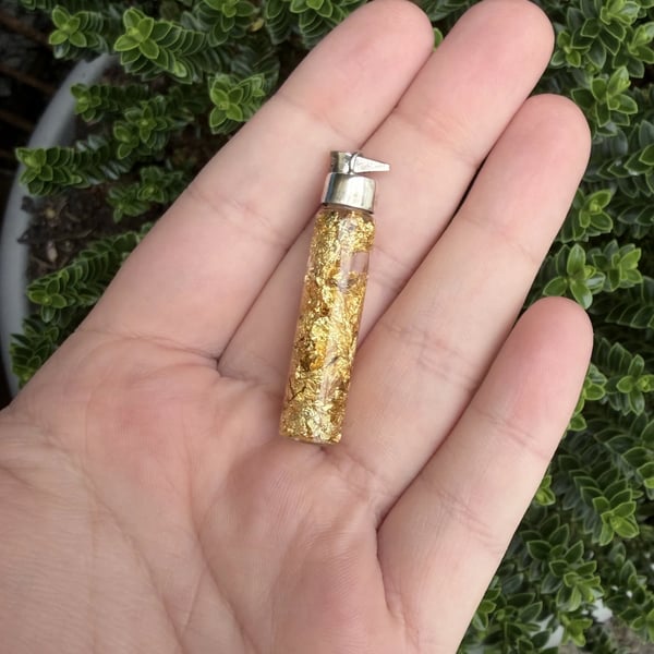 Gold Leaf Glass Vial Pendant Sterling Silver Cap Bottle Flakes Boho Talisman - 2