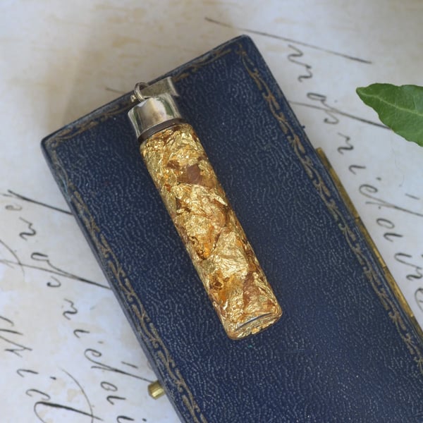 Gold Leaf Glass Vial Pendant Sterling Silver Cap Bottle Flakes Boho Talisman