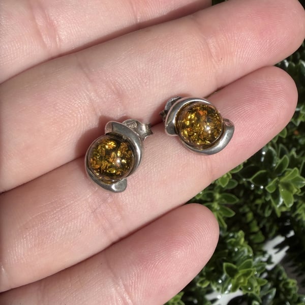 Vintage Green Amber Stud Earrings Sterling Silver Round Cabochon Swirl Frame Studs - 2