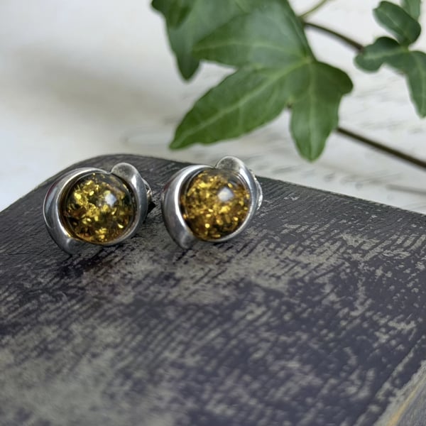 Vintage Green Amber Stud Earrings Sterling Silver Round Cabochon Swirl Frame Studs
