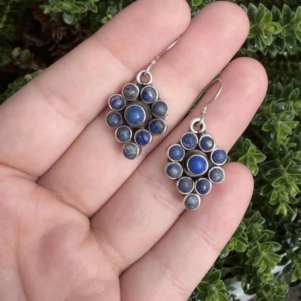 Lapis Lazuli Flower Cluster Drop Earrings Sterling Silver Boho Ethnic Tribal Dangle - 2