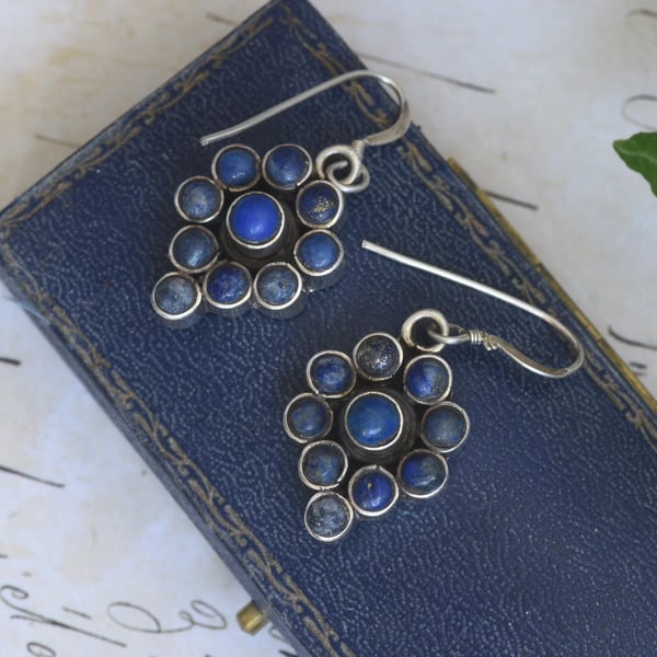 Lapis Lazuli Flower Cluster Drop Earrings Sterling Silver Boho Ethnic Tribal Dangle