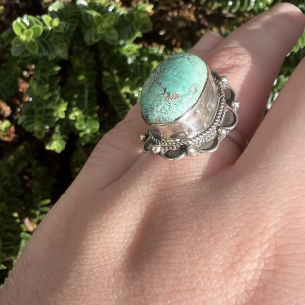 Sterling Silver Green Turquoise Ring Southwestern Style Oval Statement Cocktail - 2