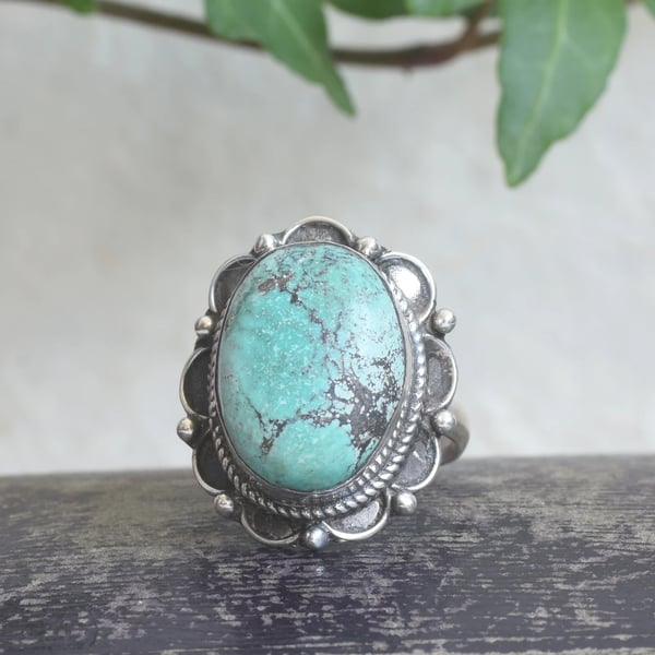 Sterling Silver Green Turquoise Ring Southwestern Style Oval Statement Cocktail