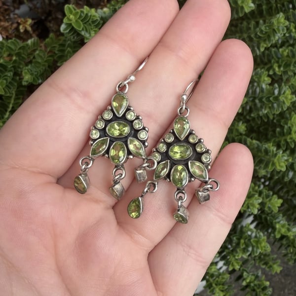 Sterling Silver Peridot Chandelier Earrings Green Drop Statement Dangly - 2