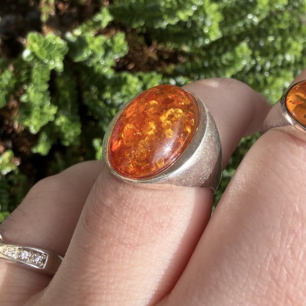 Silver Amber Ring Large Oval Cabochon Cognac Statement Cocktail Boho Chunky - 2