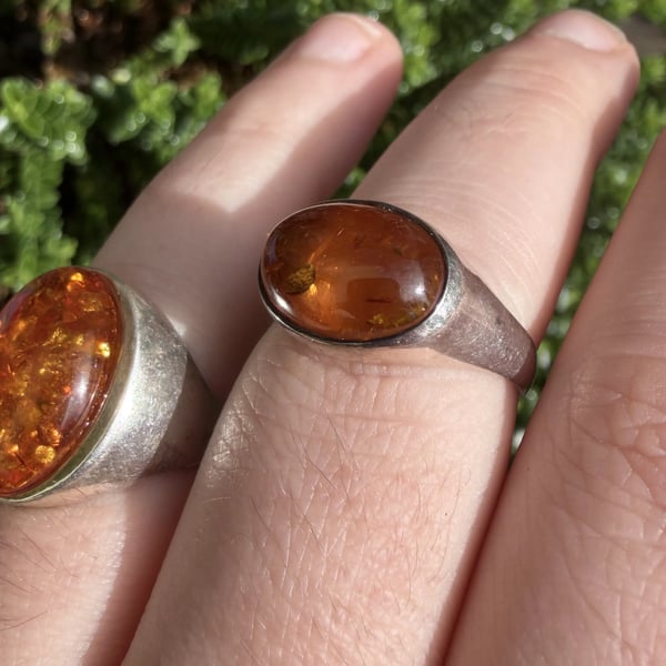 Amber Ring Sterling Silver Oval Cabochon East West Chunky Band Cognac Boho - 2