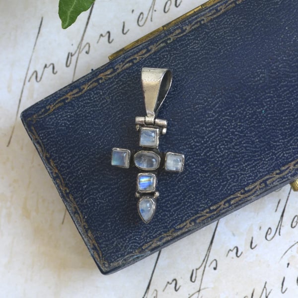 Moonstone Cross Pendant Silver Rainbow Blue Flash Gothic Statement Crucifix Boho