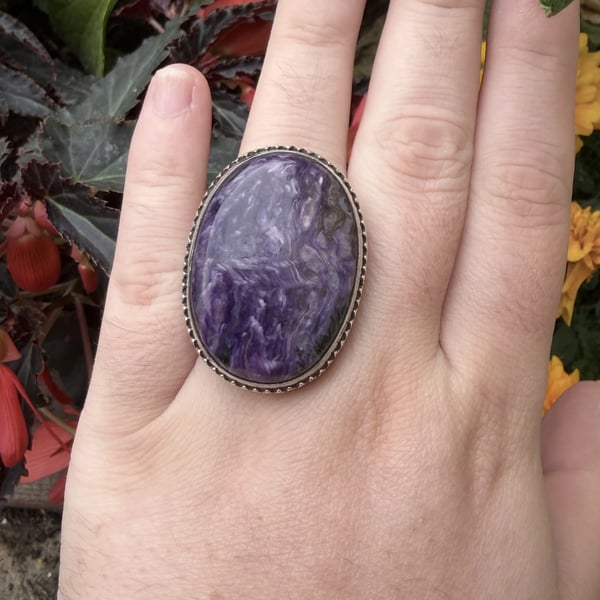Sterling Silver Charoite Ring Large Purple Oval Cabochon Statement Boho  - 2