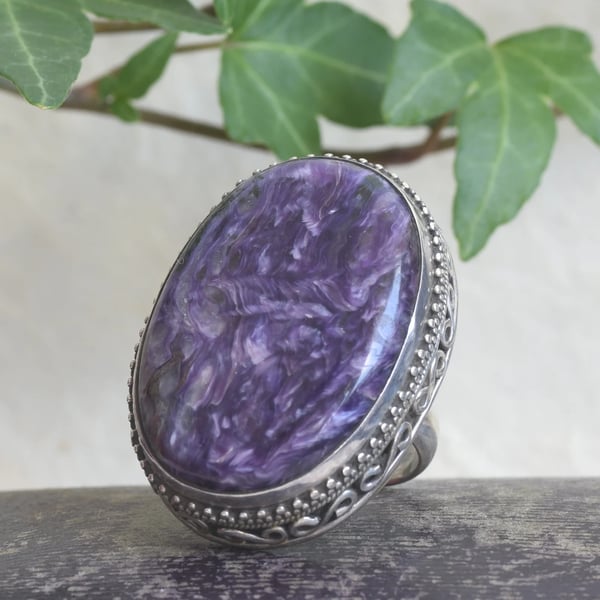 Sterling Silver Charoite Ring Large Purple Oval Cabochon Statement Boho
