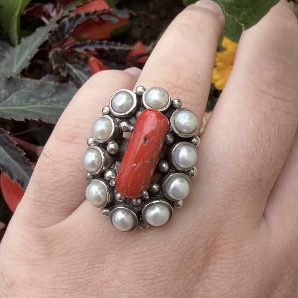 Sterling Silver Coral Pearl Cluster Ring Red Branch Coral Statement Cocktail - 2