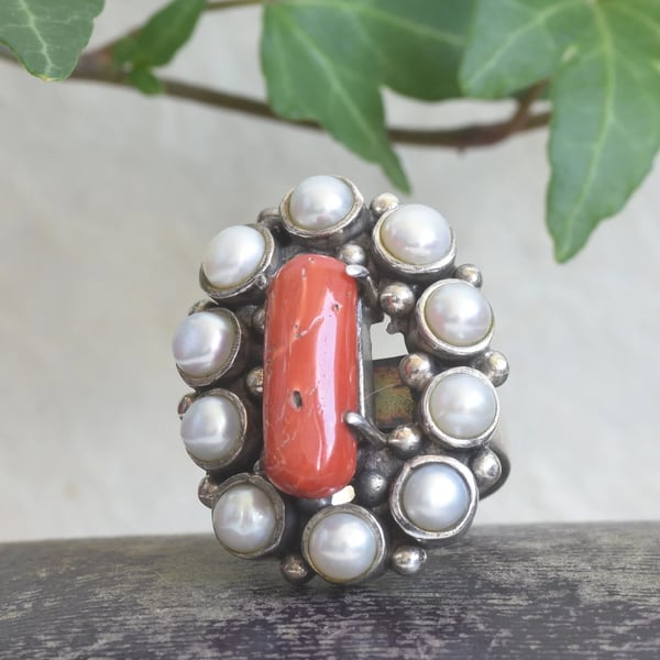 Sterling Silver Coral Pearl Cluster Ring Red Branch Coral Statement Cocktail