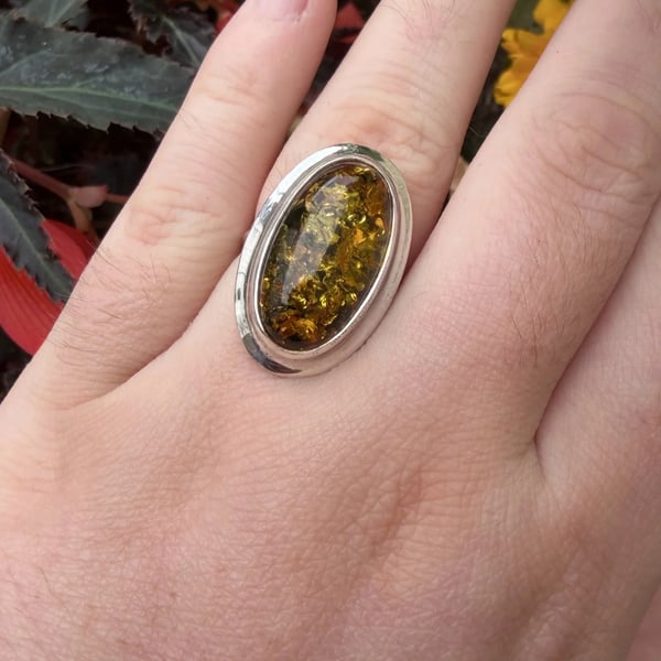 Sterling Silver Green Amber Ring Large Oval Cabochon Statement Cocktail Boho - 2