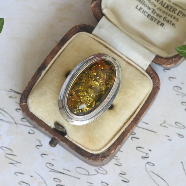 Sterling Silver Green Amber Ring Large Oval Cabochon Statement Cocktail Boho