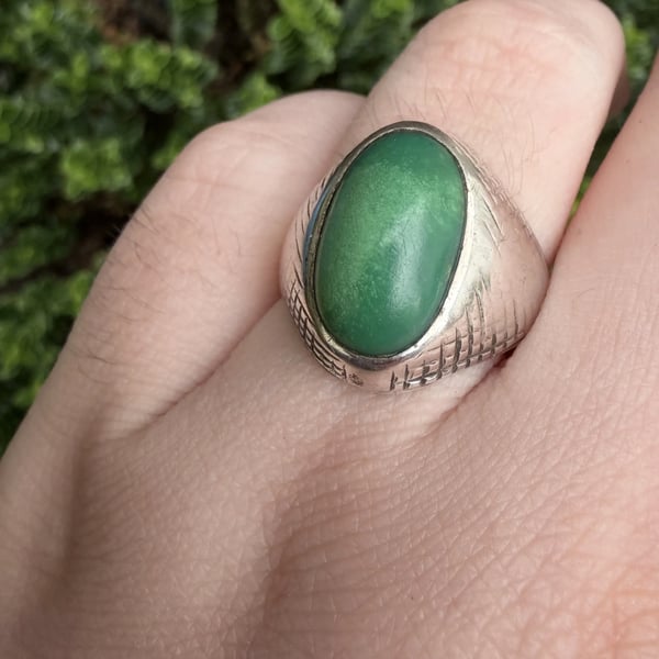 Silver Green Stone Signet Ring - 2