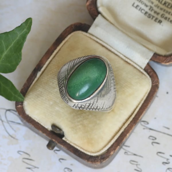Silver Green Stone Signet Ring, Oval Cabochon Engraved Chunky Statement