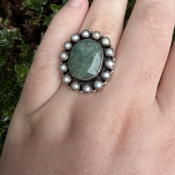 Sterling Silver Green Stone Pearl Halo Ring Oval Cluster Statement Cocktail - 2
