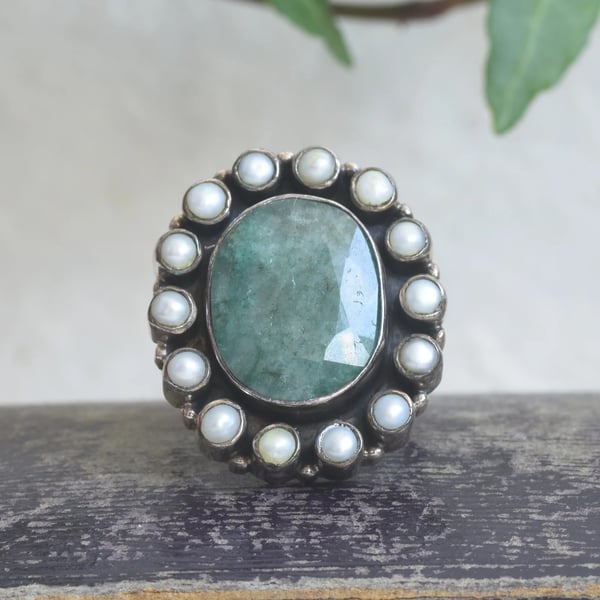 Sterling Silver Green Stone Pearl Halo Ring Oval Cluster Statement Cocktail