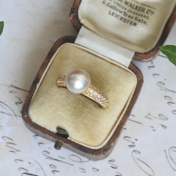 Pearl Solitaire Ring Gold Plated Sterling Silver CZ Pave Band White Pearl Dress