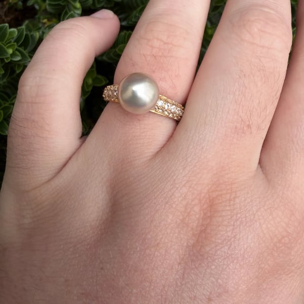 Pearl Solitaire Ring Gold Plated Sterling Silver CZ Pave Band White Pearl Dress - 2