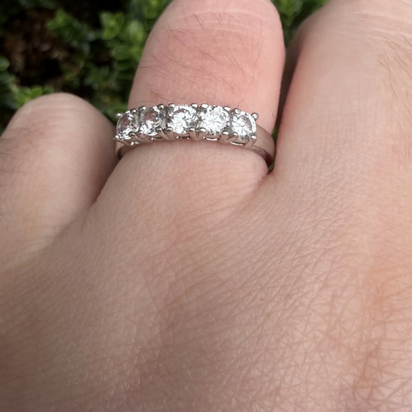 Sterling Silver CZ Five Stone Ring Half Eternity Cubic Zirconia Band Bridal - 2