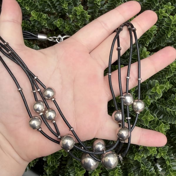 Vintage Sterling Silver Ball Bead Necklace Black Leather Multi Strand Toggle Modernist Chunky - 2