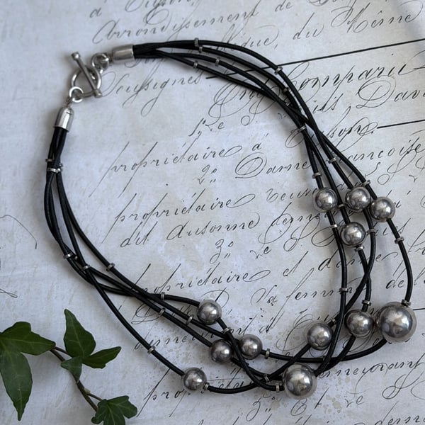 Vintage Sterling Silver Ball Bead Necklace Black Leather Multi Strand Toggle Modernist Chunky