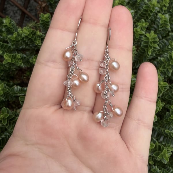 Pink Pearl Quartz Drop Earrings Sterling Silver Chandelier Cluster Bridal Boho - 2