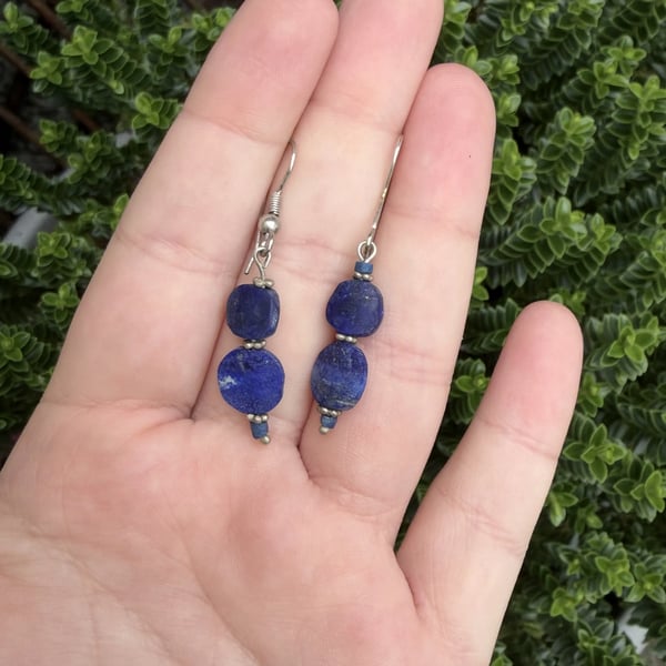 Lapis Lazuli Bead Drop Earrings Silver Beads Blue Disc Boho Dangle Small