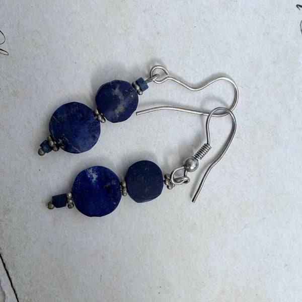 Lapis Lazuli Bead Drop Earrings Silver Beads Blue Disc Boho Dangle Small - 2