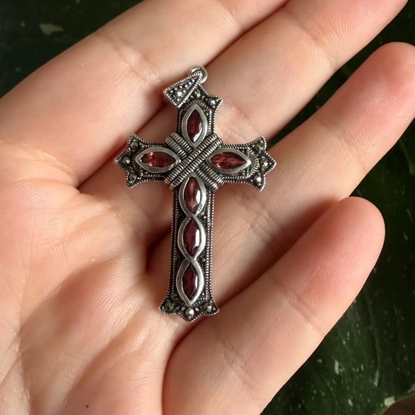 Sterling Silver Garnet Marcasite Cross Pendant Gothic Marquise Red Ornate Large - 2