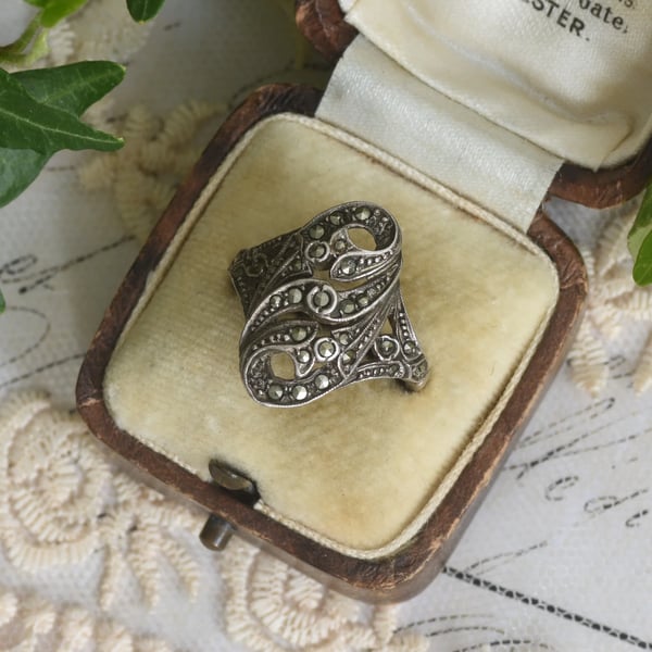 Vintage Silver Marcasite Ring Navette Shield Scroll Openwork Statement