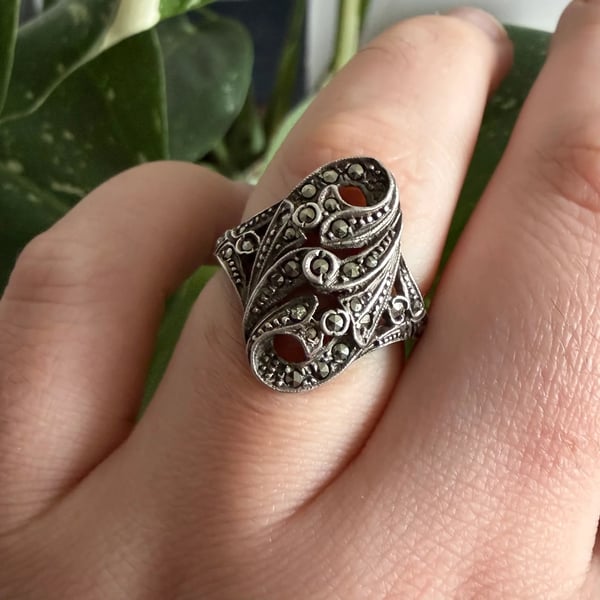 Vintage Silver Marcasite Ring Navette Shield Scroll Openwork Statement - 2