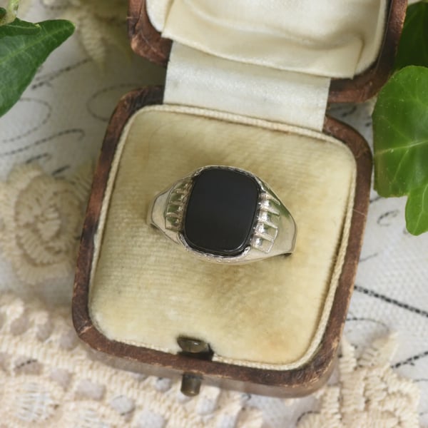 Vintage Sterling Silver Onyx Signet Ring Black Cushion Stepped Shoulders Vintage