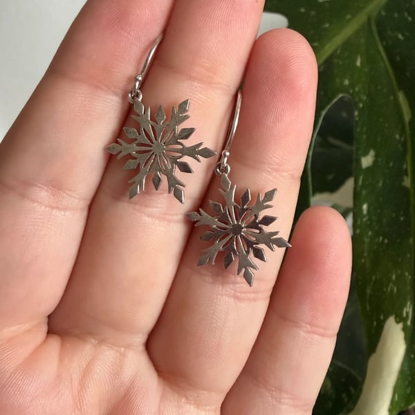 Sterling Silver Snowflake Drop Earrings Winter Christmas Gift Dangle Festive Boho - 2