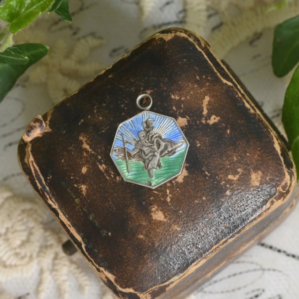 Vintage Silver Enamel St Christopher Pendant Charm Traveller Saint Blue Green Octagonal Drop