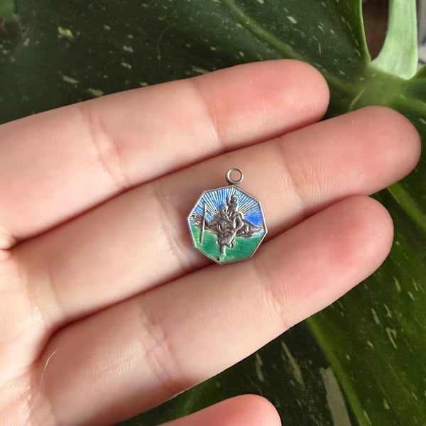 Vintage Silver Enamel St Christopher Pendant Charm Traveller Saint Blue Green Octagonal Drop - 2