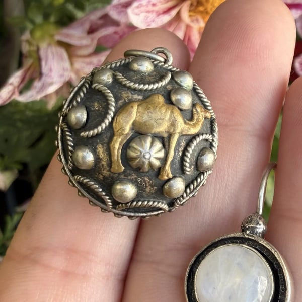 Vintage Silver Plated Elephant Camel Orb Pendant Boho Ropework Sphere Charm - 2