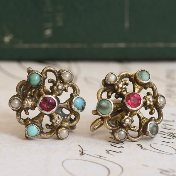 Antique Austro Hungarian Silver Gilt Earrings Seed Pearl Turquoise Garnet Screw Back