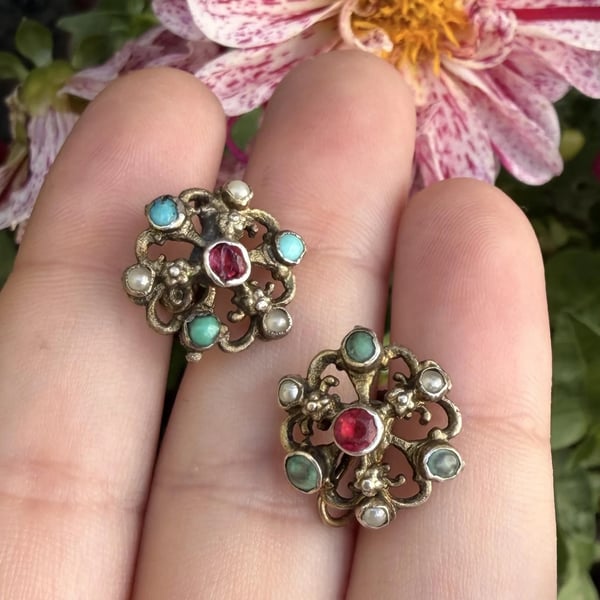Antique Austro Hungarian Silver Gilt Earrings Seed Pearl Turquoise Garnet Screw Back - 2