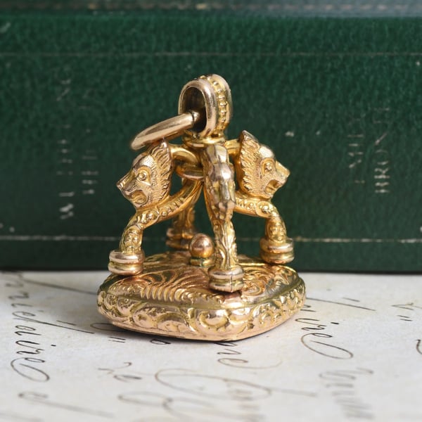 Antique Gilt Fob Seal Onyx Roman Soldier Intaglio Figural Lion Beast Wax Seal Charm