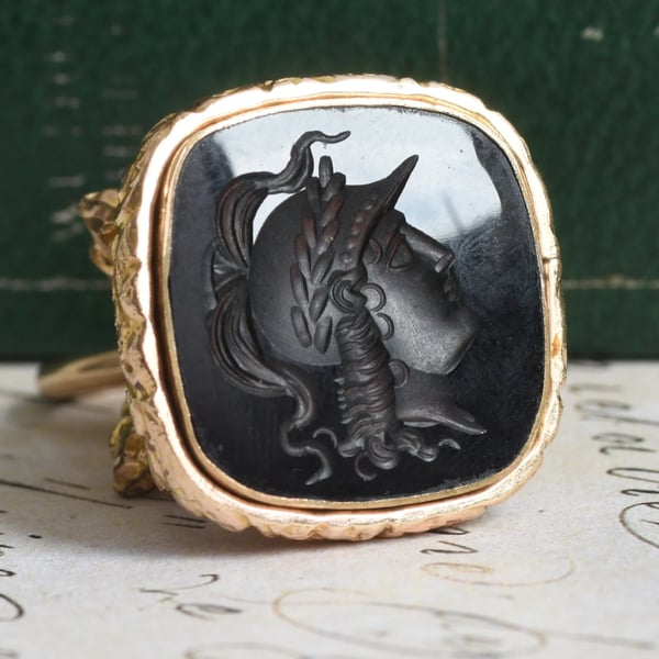 Antique Gilt Fob Seal Onyx Roman Soldier Intaglio Figural Lion Beast Wax Seal Charm - 2