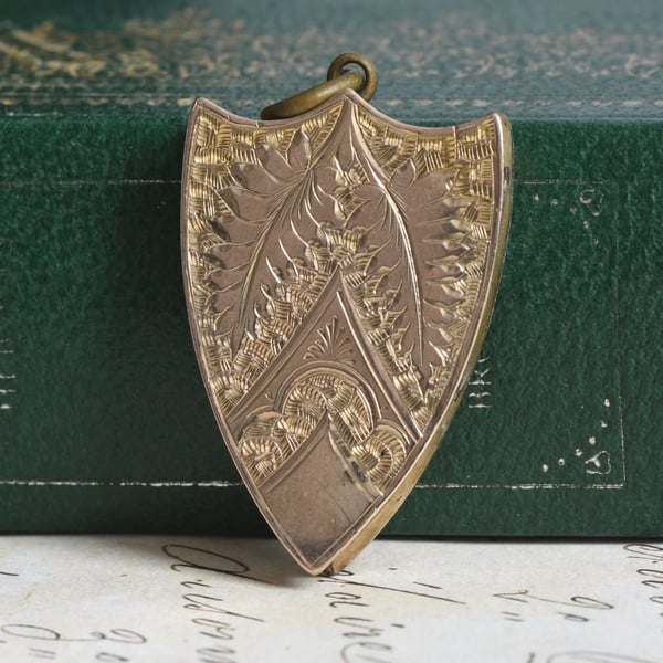 Antique Rolled Gold Shield Locket Engraved Fern Foliate Photo Pendant Fob Medal Charm