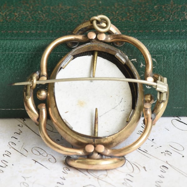 Antique Victorian Swivel Photo Brooch Double Sided Portrait Mourning Knot Scroll Frame - 2