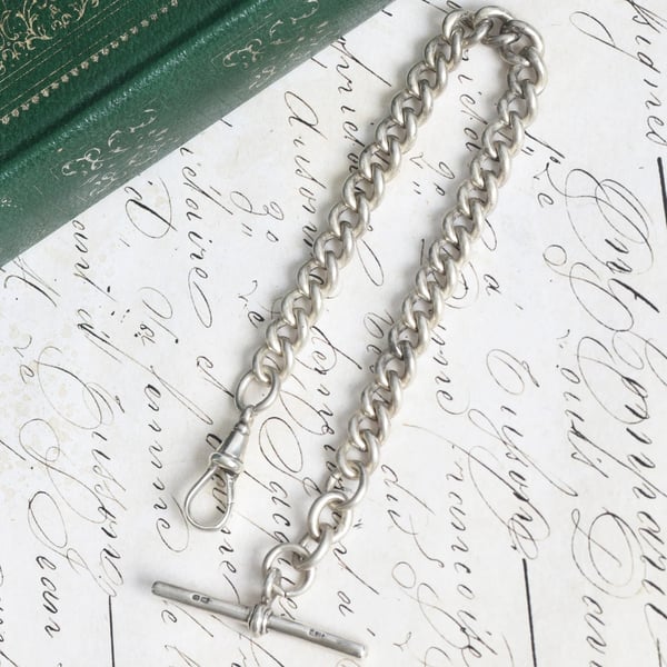 Antique Sterling Silver Albert Watch Chain Henry Pope T Bar Dog Clip Curb Link
