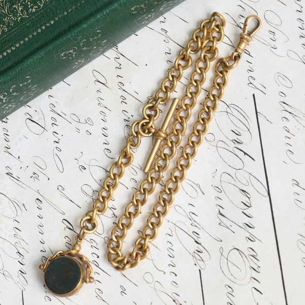 Antique Rolled Gold Albert Watch Chain T Bar Dog Clip Bloodstone Carnelian Swivel Fob