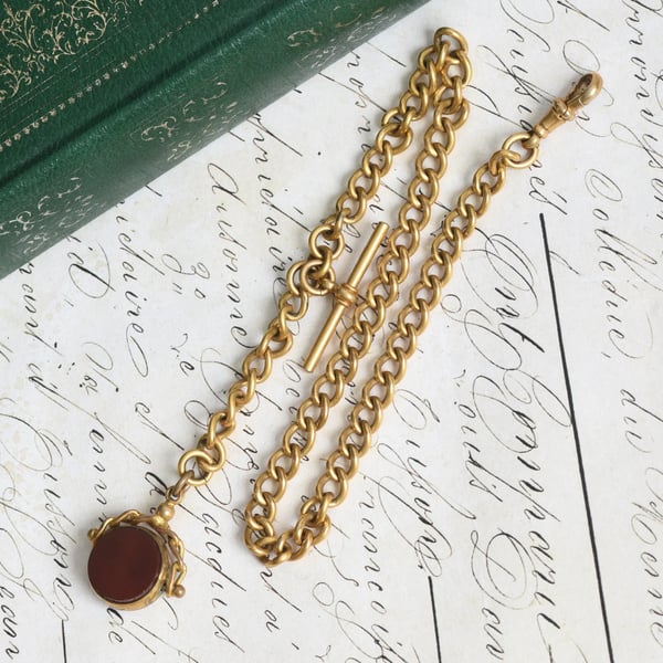 Antique Rolled Gold Albert Watch Chain T Bar Dog Clip Bloodstone Carnelian Swivel Fob - 2