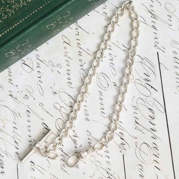 Vintage Sterling Silver Albert Watch Chain T Bar Dog Clip Curb Link Fob Chain Dainty