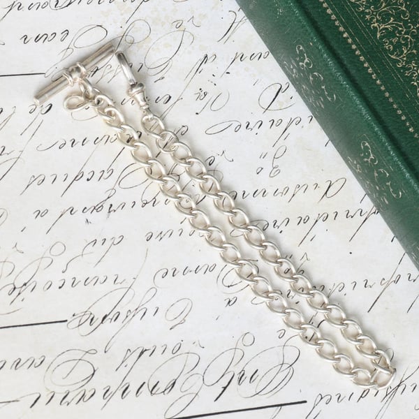 Vintage Sterling Silver Albert Watch Chain T Bar Dog Clip Curb Link Fob Chain Dainty - 2