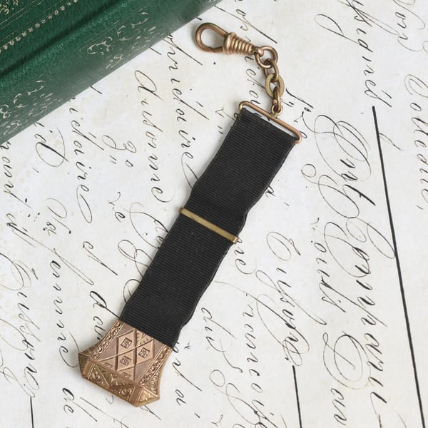 Antique Rolled Gold Ribbon Fob Black Watch Guard Dog Clip Engraved Tab Mourning